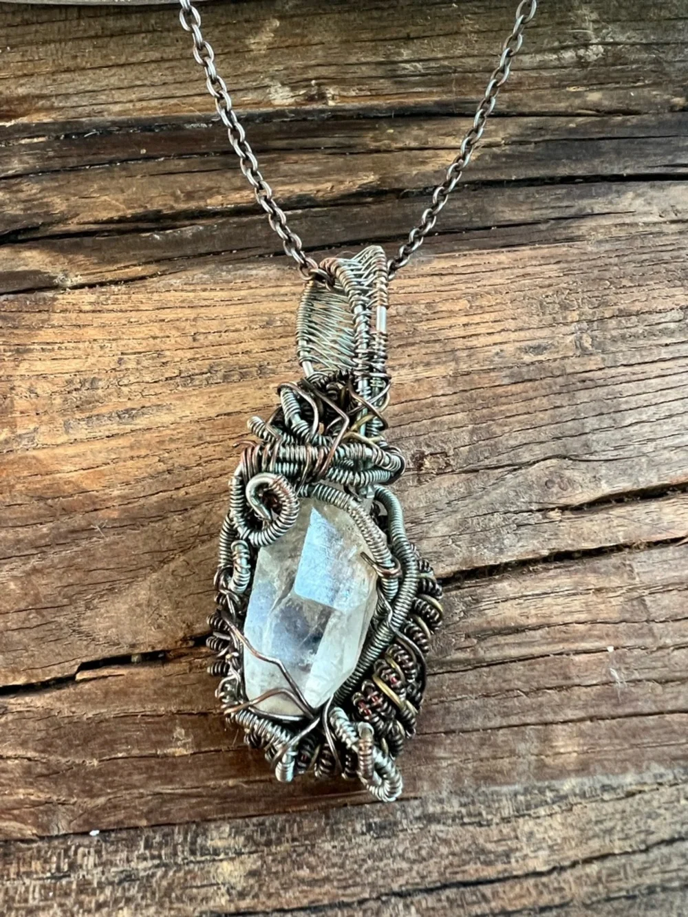 Handcrafted Wire-Wrapped Clear Crystal Pendant Necklace - Silver-Tone magical